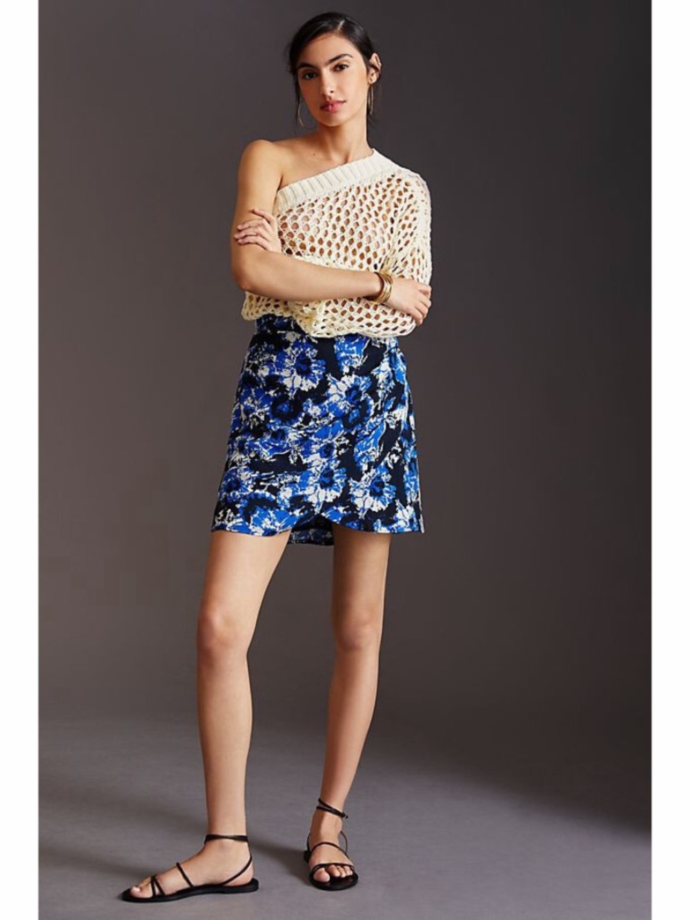 Anthropologie Porridge Catie Mini Skirt Size M Blue Black White Floral Faux Wrap
